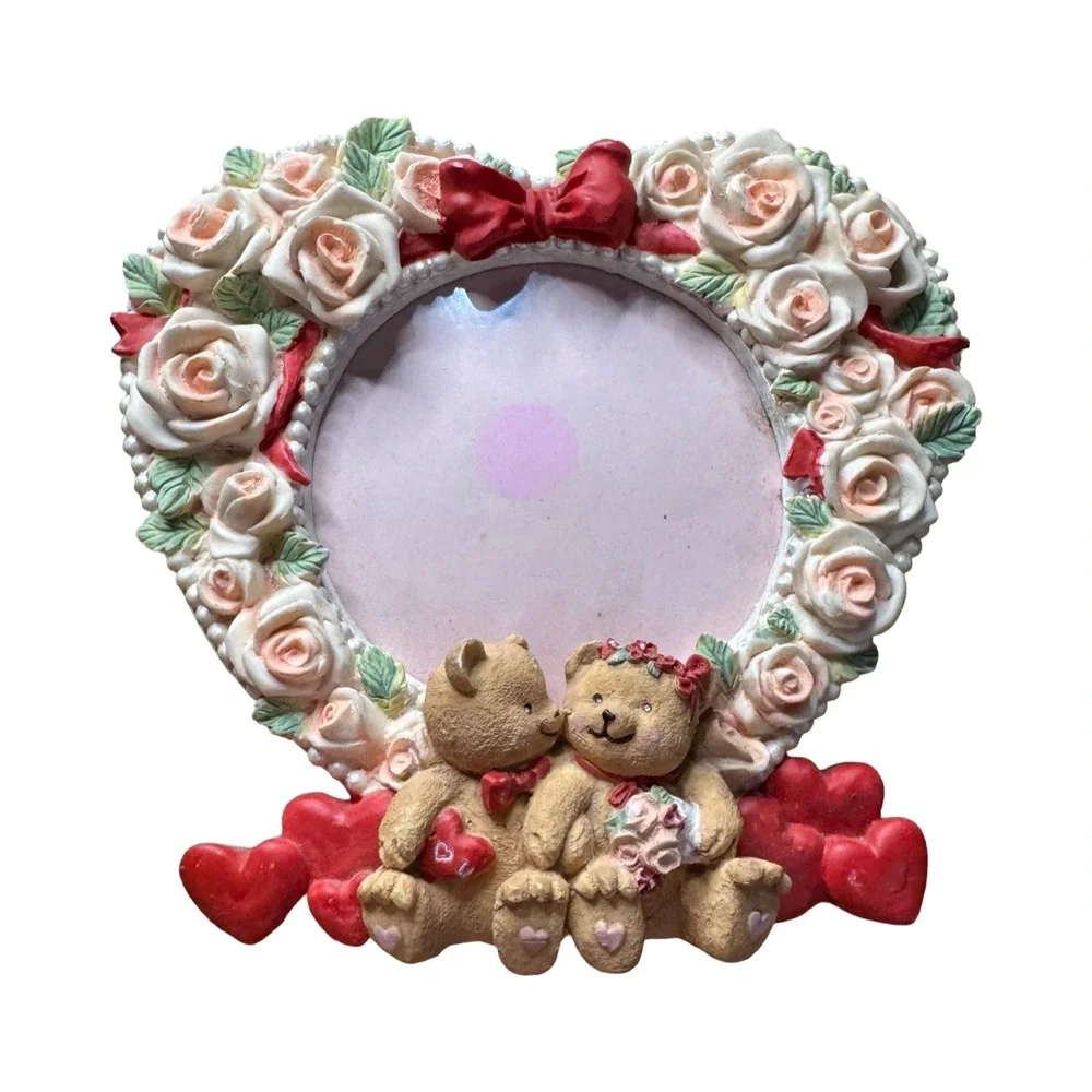 Vintage Teddy Bear Heart Rose Picture Frame Resin 3D Valentine Anniversary 6.5
